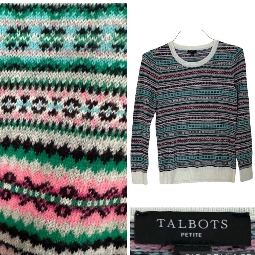 Talbots Sweater Green & Pink Fair Isle Lamb’s Wool SP